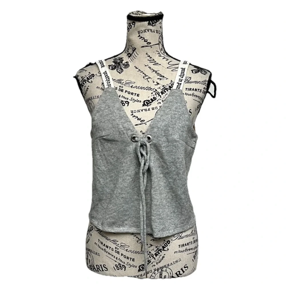 ESSUE Grey Terry Knit Lace Up Crop Top Women’s Small | Boho Beachy Y2K Peasent